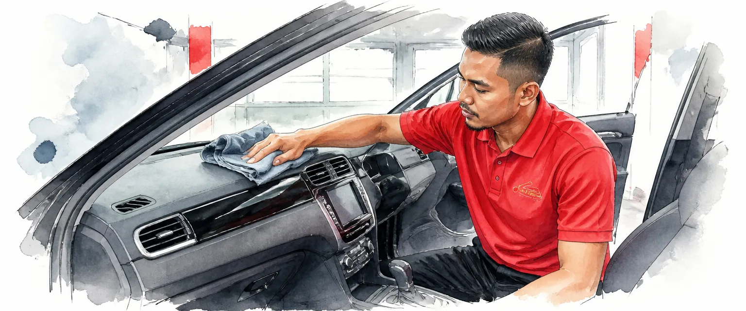 Watercolour illustration of a technician in a red polo shirt wiping a car dashboard with a microfibre cloth.