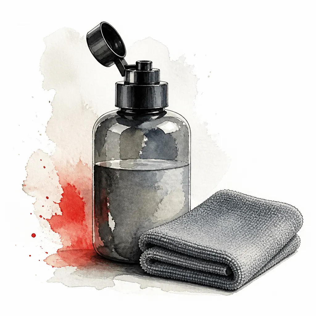 Watercolour close-up of a pump bottle of interior cleaner beside a folded grey microfibre cloth.