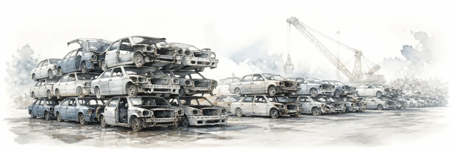 Watercolour illustration of stacked flattened car bodies in a tidy scrapyard under a hazy sky.