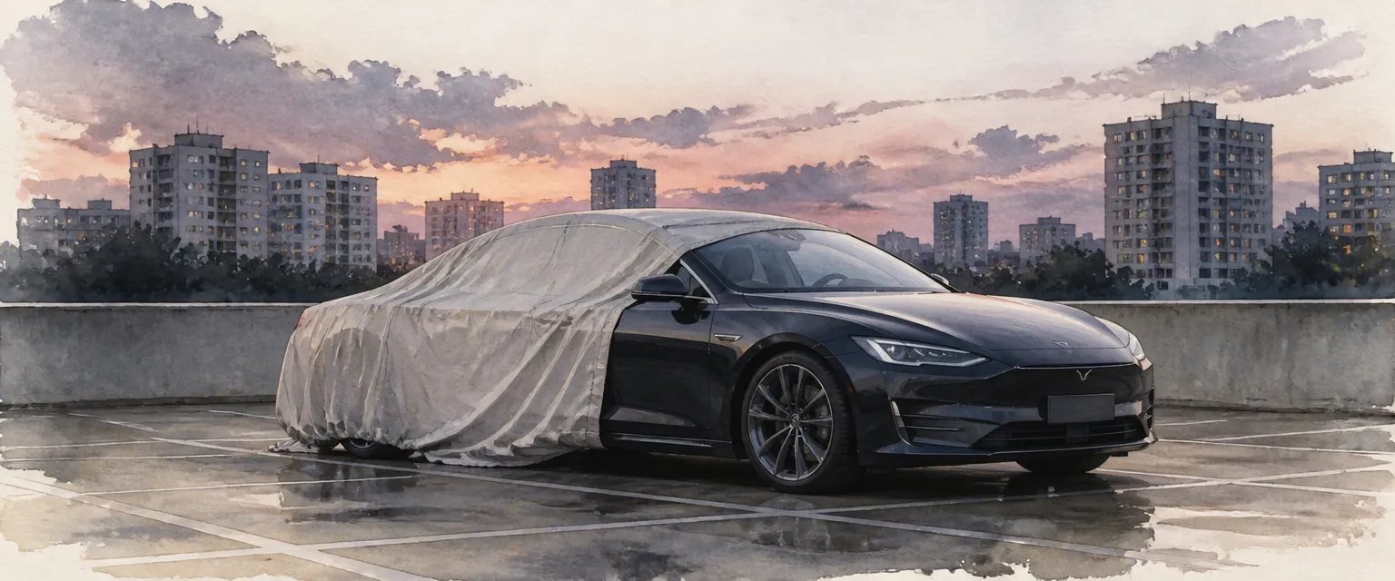 Watercolour illustration of a dark saloon half draped in a pale car cover in an empty car park at dusk.