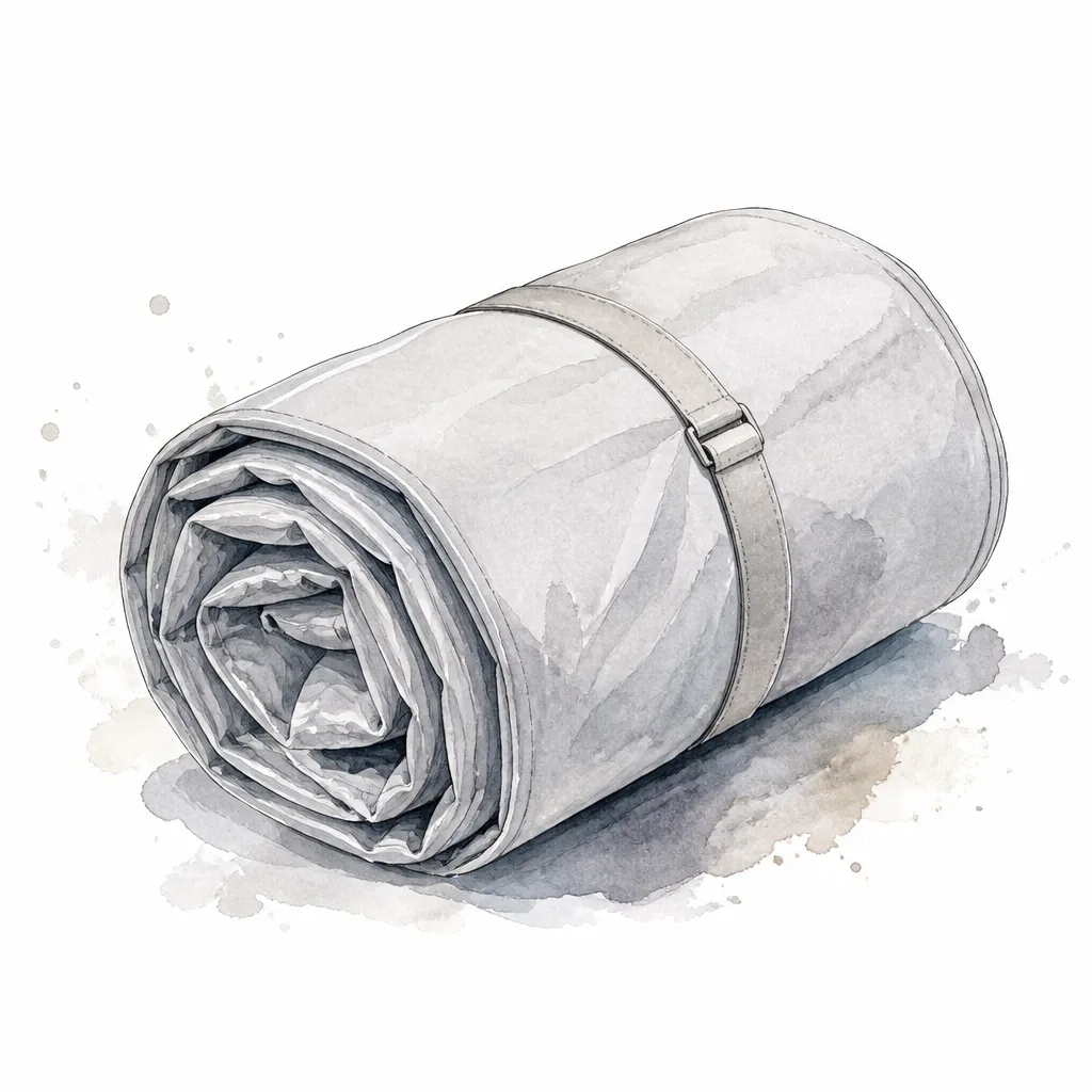 Watercolour close-up of a rolled pale grey car cover strapped with a plain band.