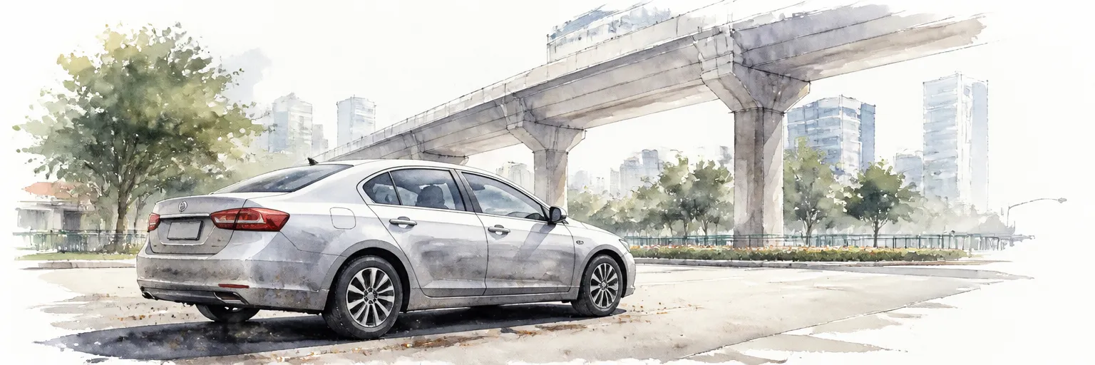 Watercolour illustration of a silver saloon with grime-dulled lower panels parked under an urban Singapore haze.