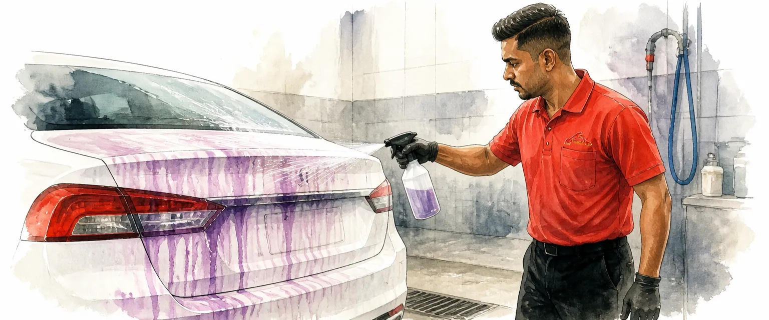 Watercolour illustration of a technician in a red polo shirt misting iron remover onto a white panel as purple streaks run down.