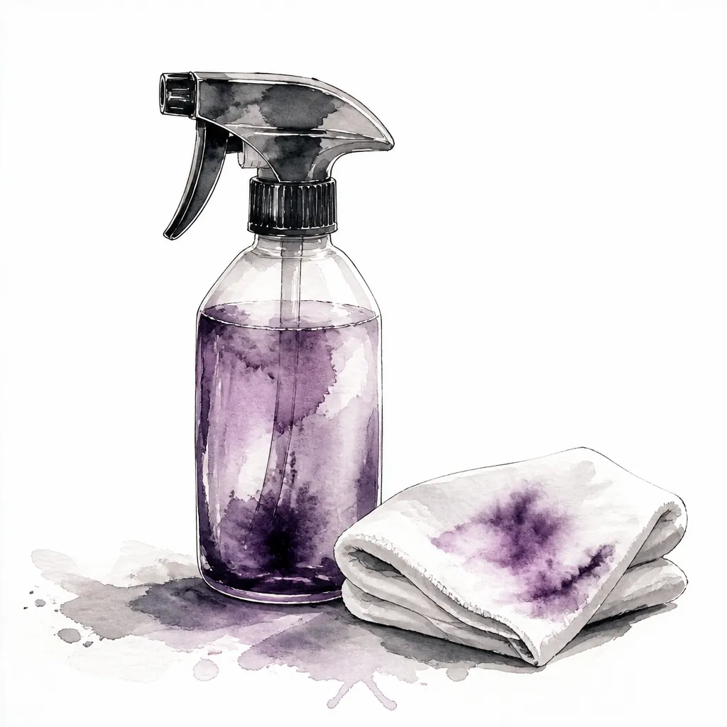 Watercolour close-up of a spray bottle of iron remover beside a cloth stained with purple bleed.