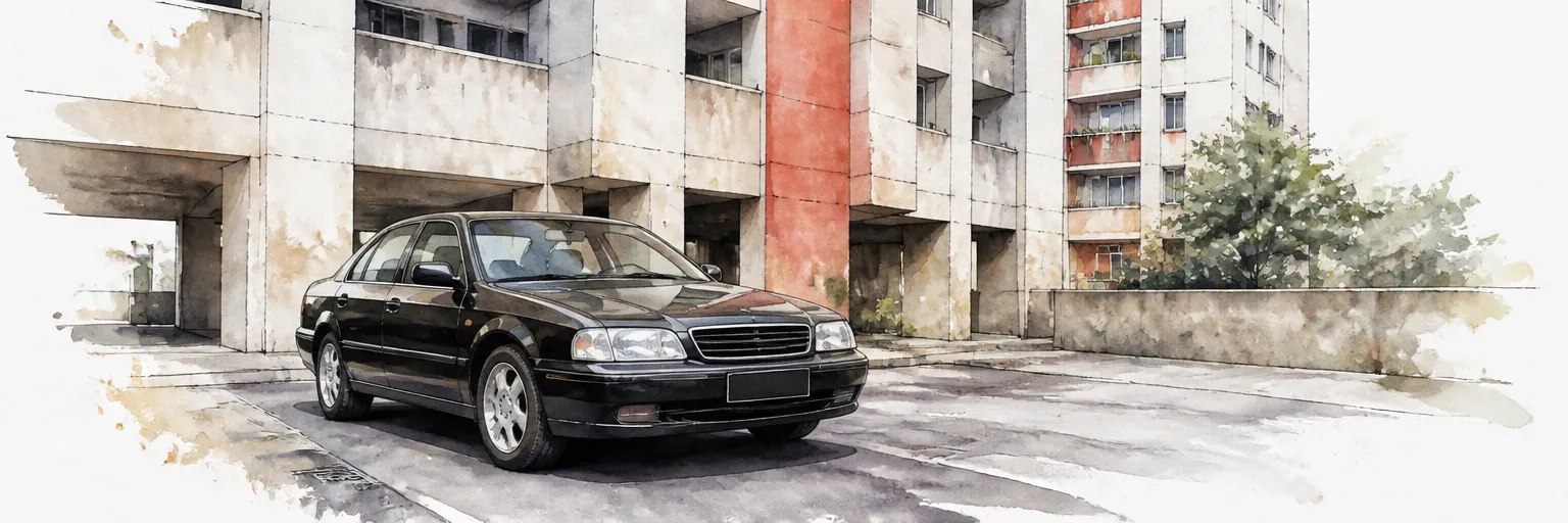 Watercolour illustration of an older immaculate dark saloon holding its shine beneath aged HDB blocks.
