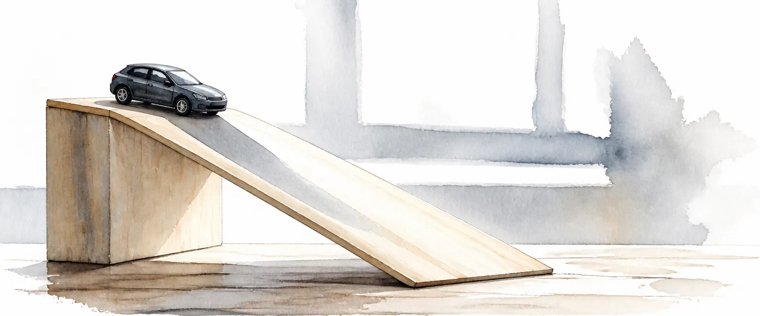 Watercolour illustration of a toy car at the top of a smooth wooden ramp, symbolising value sliding downward.