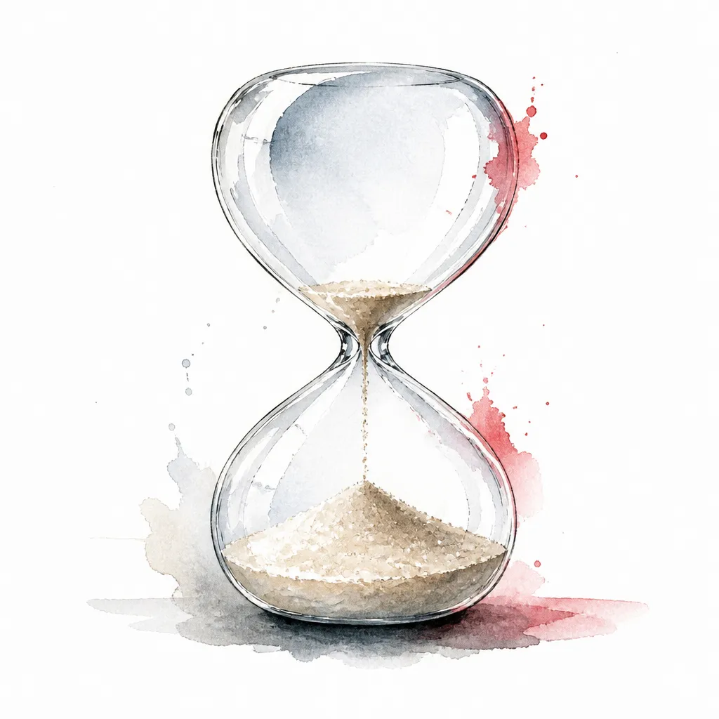 Watercolour close-up of an hourglass with most of its sand fallen into the lower bulb.