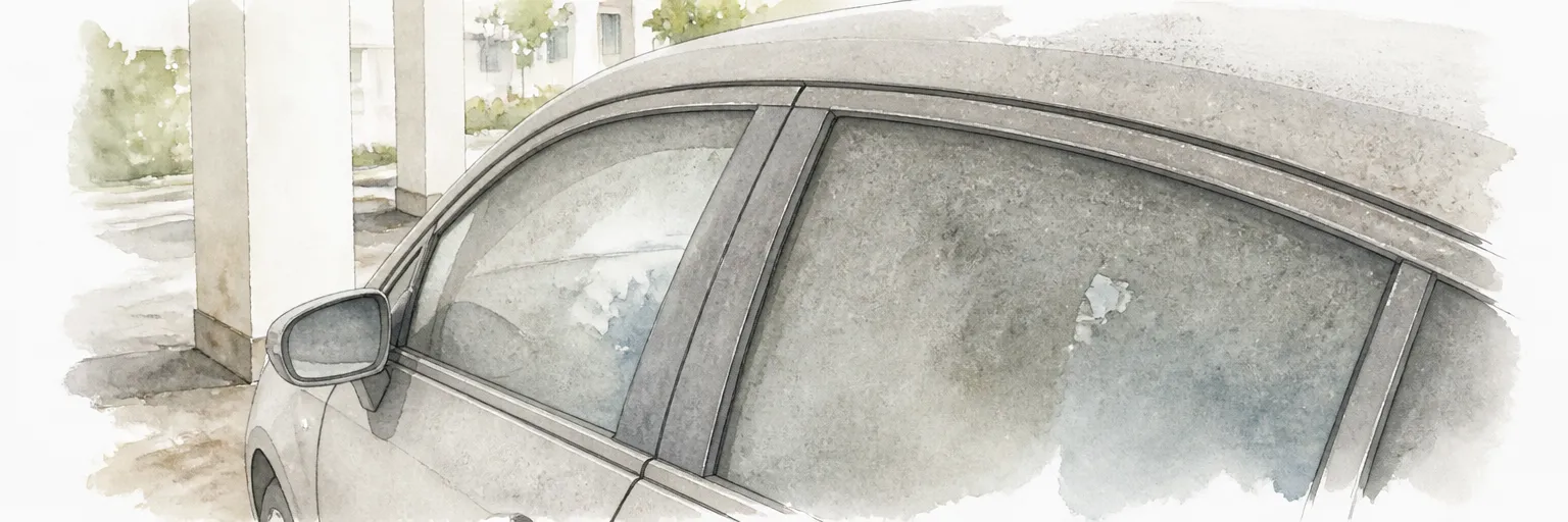 Watercolour close-up of fine dust settled into the panel gaps and seals of a car parked under a void deck.