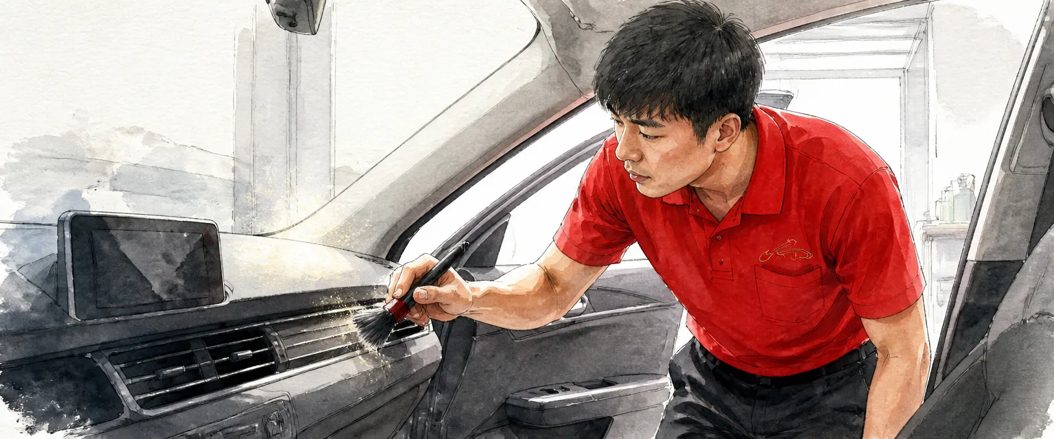 Watercolour illustration of a technician in a red polo shirt brushing dust from dashboard air vents with a detailing brush.
