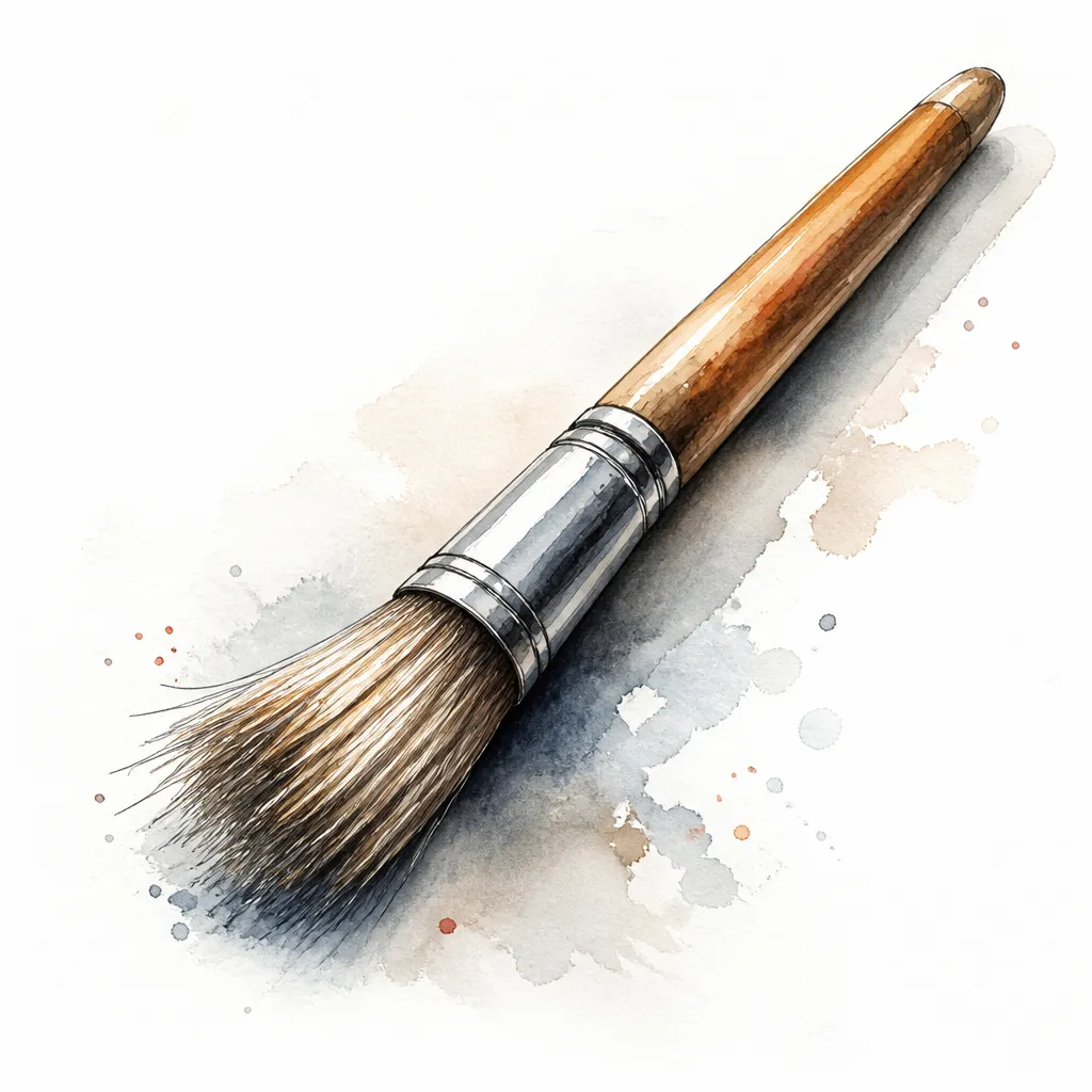 Watercolour close-up of a soft-bristled detailing brush with a wooden handle.