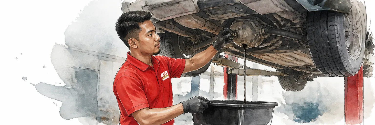 Watercolour illustration of a technician in a red polo shirt draining gear oil from a differential under a lifted car.