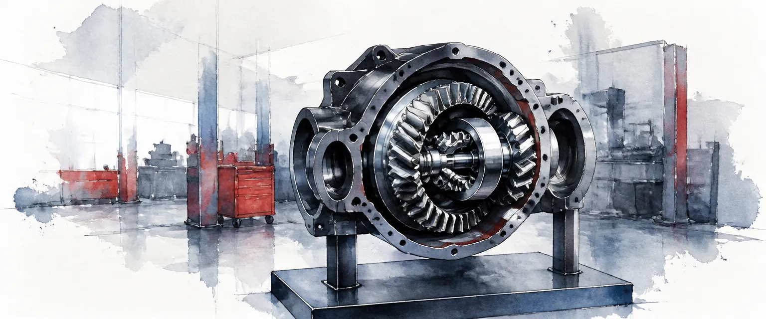 Watercolour illustration of a cutaway differential unit with meshed bevel gears on a workshop stand.