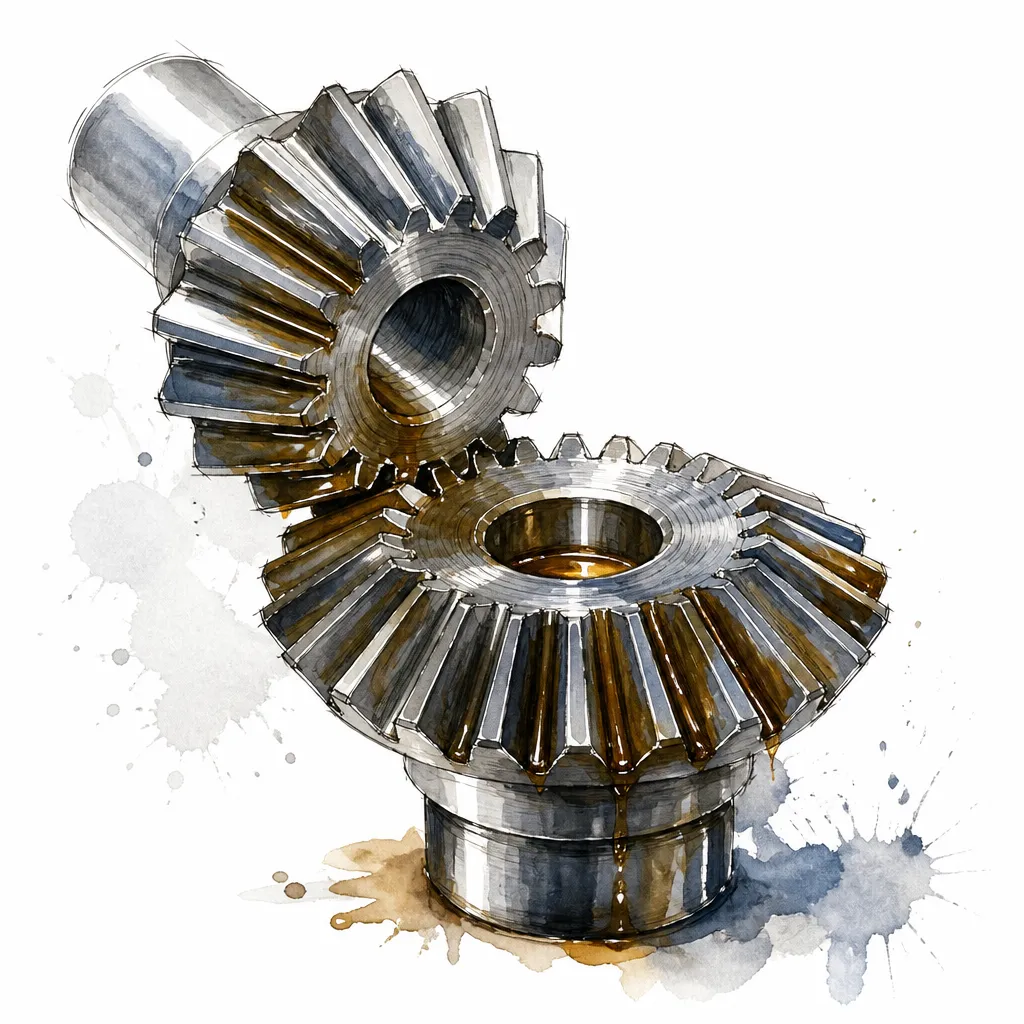 Watercolour close-up of two meshed bevel gears gleaming with fresh oil.