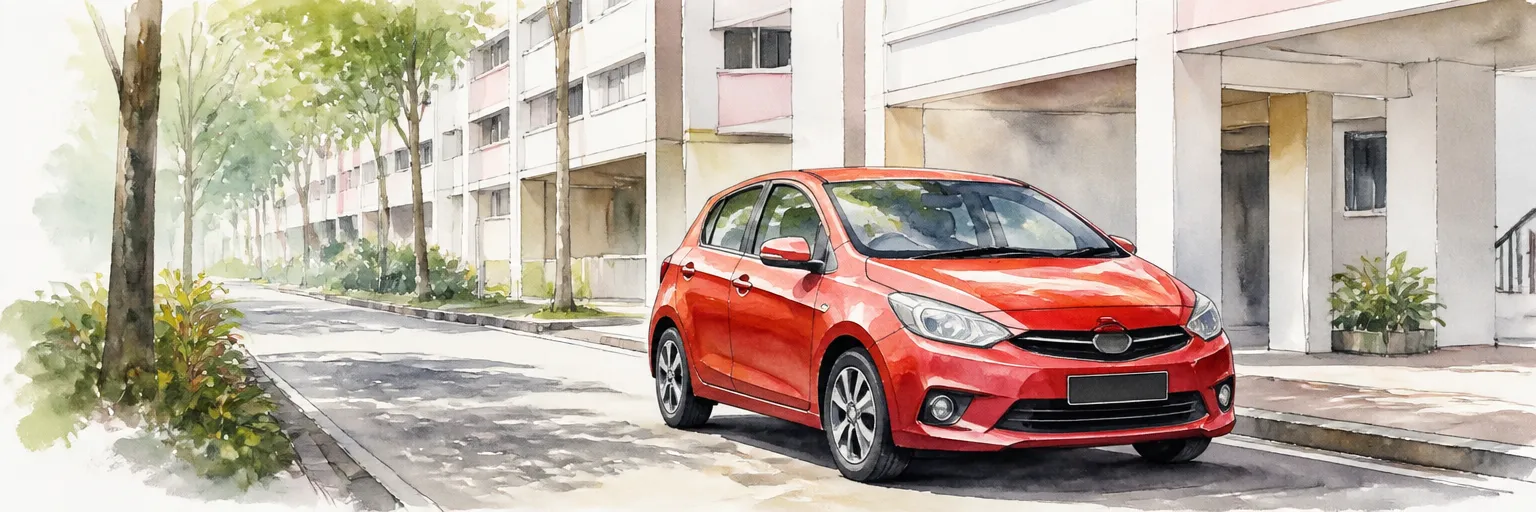 Watercolour illustration of a clean red hatchback parked on a quiet HDB estate road in morning light.