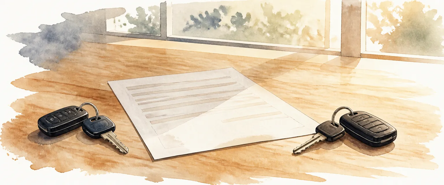Watercolour illustration of two sets of car keys facing each other beside an unmarked agreement sheet on a wooden table.