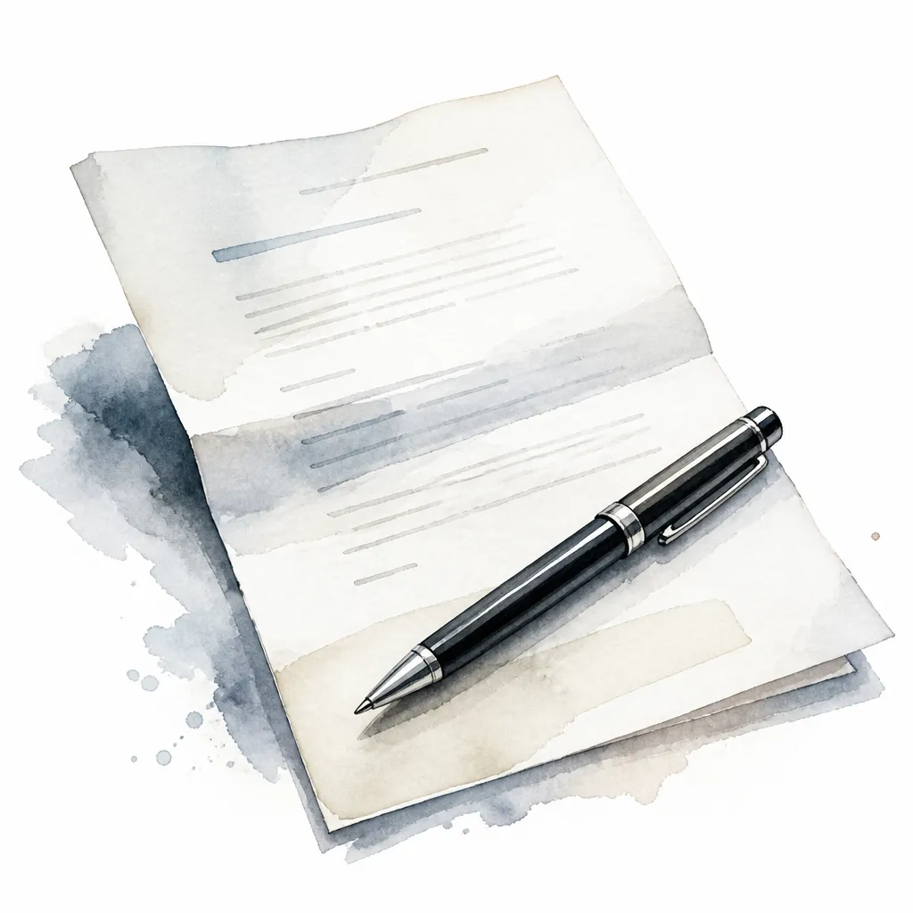 Watercolour close-up of a folded unmarked agreement sheet with a pen resting across it.