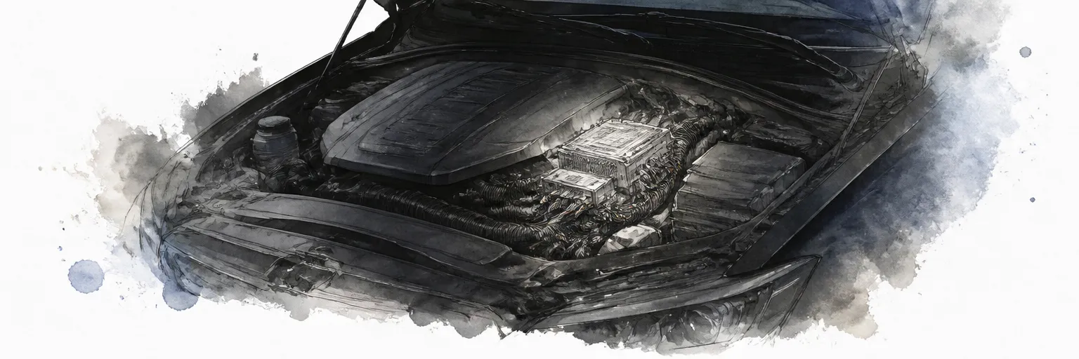 Watercolour illustration of a wiring harness meeting the engine control module in a softly lit engine bay.