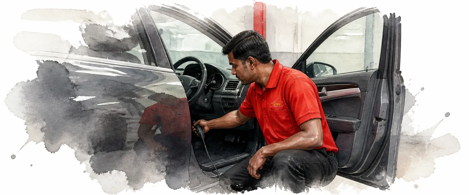 Watercolour illustration of a technician in a red polo shirt plugging a diagnostic handset into the port under a saloon's dashboard.