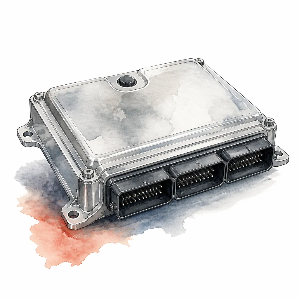 Watercolour close-up of a silver engine control module with rows of blank connectors.