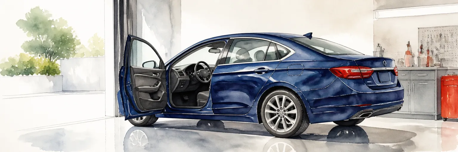 Watercolour illustration of an open car door showing a freshly painted jamb matching the deep blue exterior exactly.