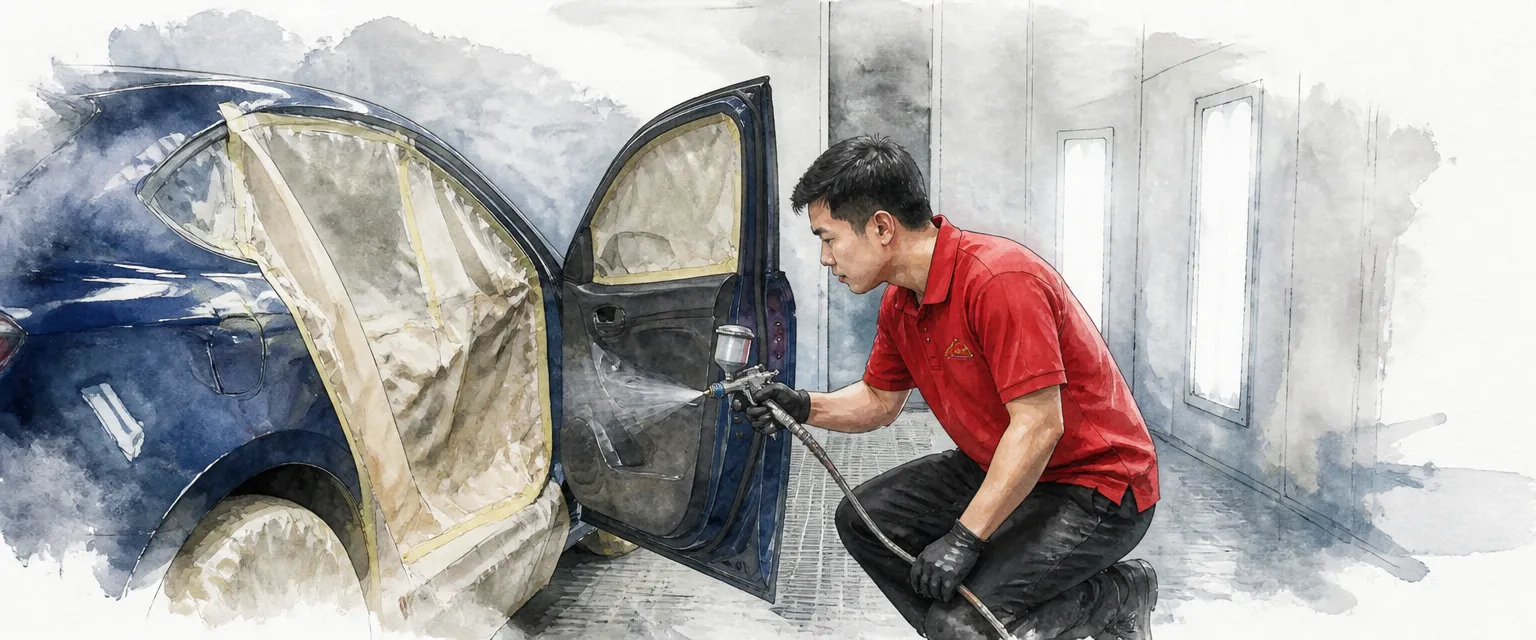 Watercolour illustration of a technician in a red polo shirt spraying the inner door jamb of a deep blue saloon in a booth.