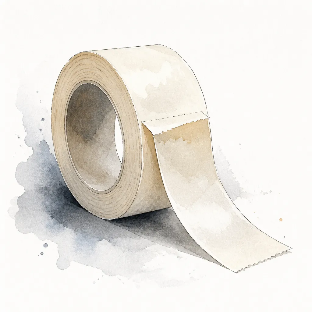 Watercolour close-up of a roll of masking paper with a strip of tape half peeled.
