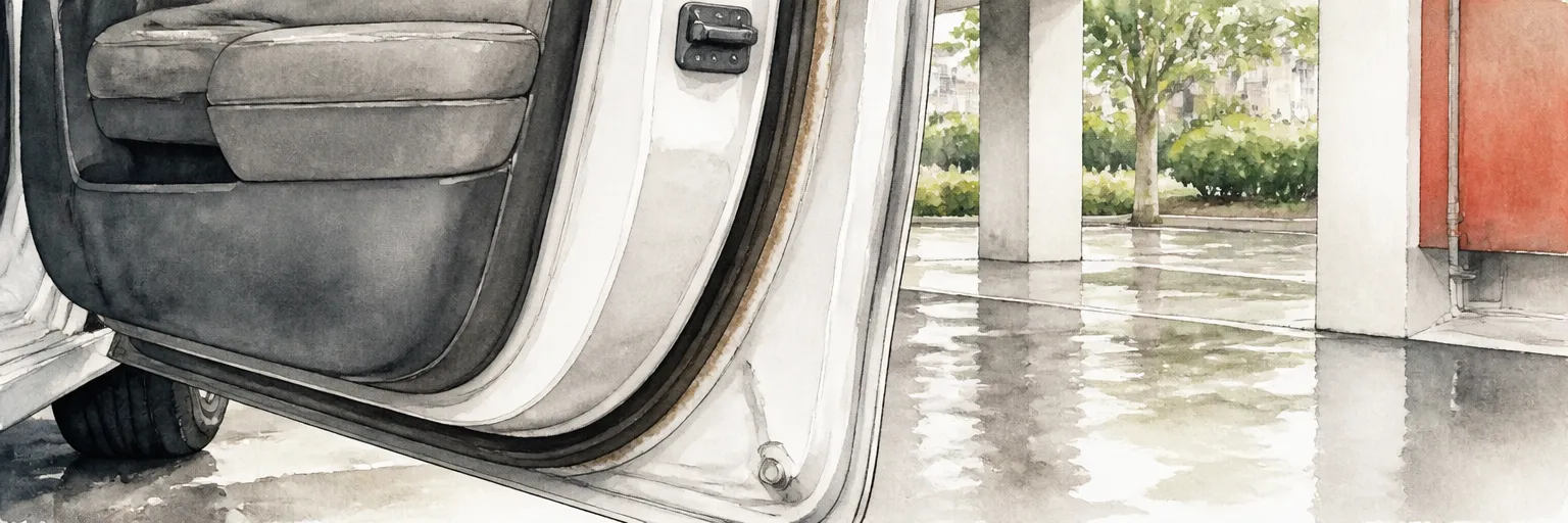 Watercolour close-up of a grime tide line along the damp door jamb of a car parked by a void deck.