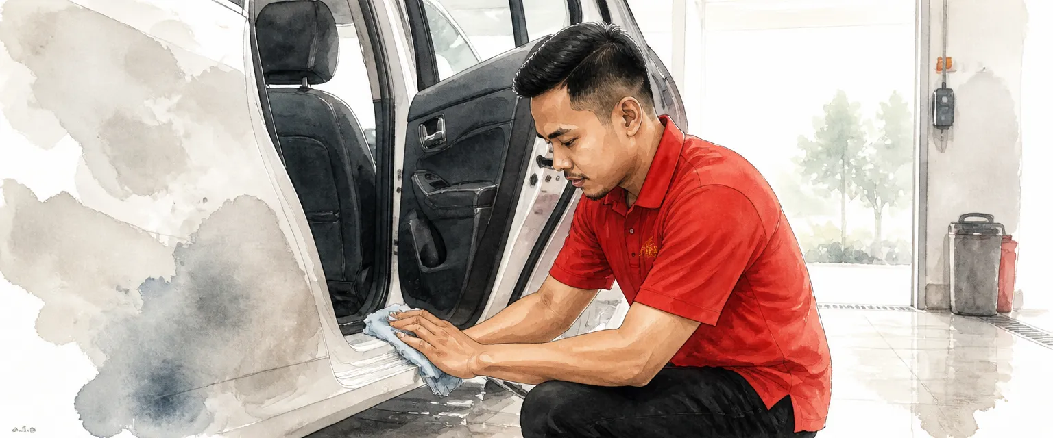 Watercolour illustration of a technician in a red polo shirt wiping the painted door shut faces of an open rear door.