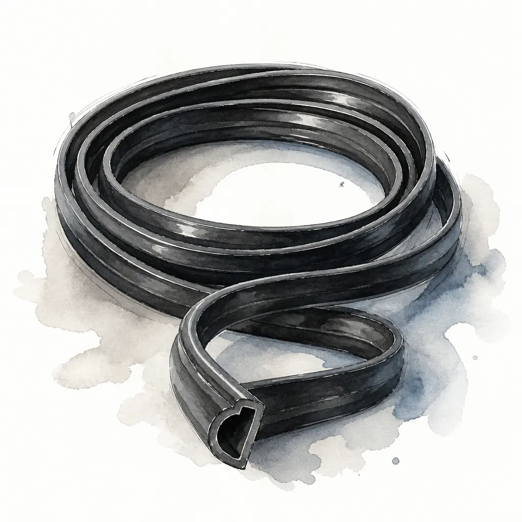 Watercolour close-up of a coiled length of black rubber door weatherstrip seal.