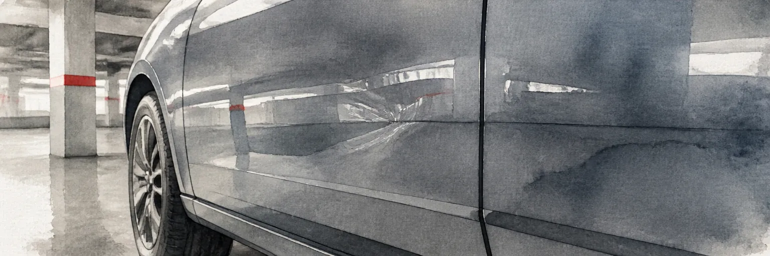 Watercolour close-up of a shallow parking dent creasing the reflections on a car door in a dim car park.