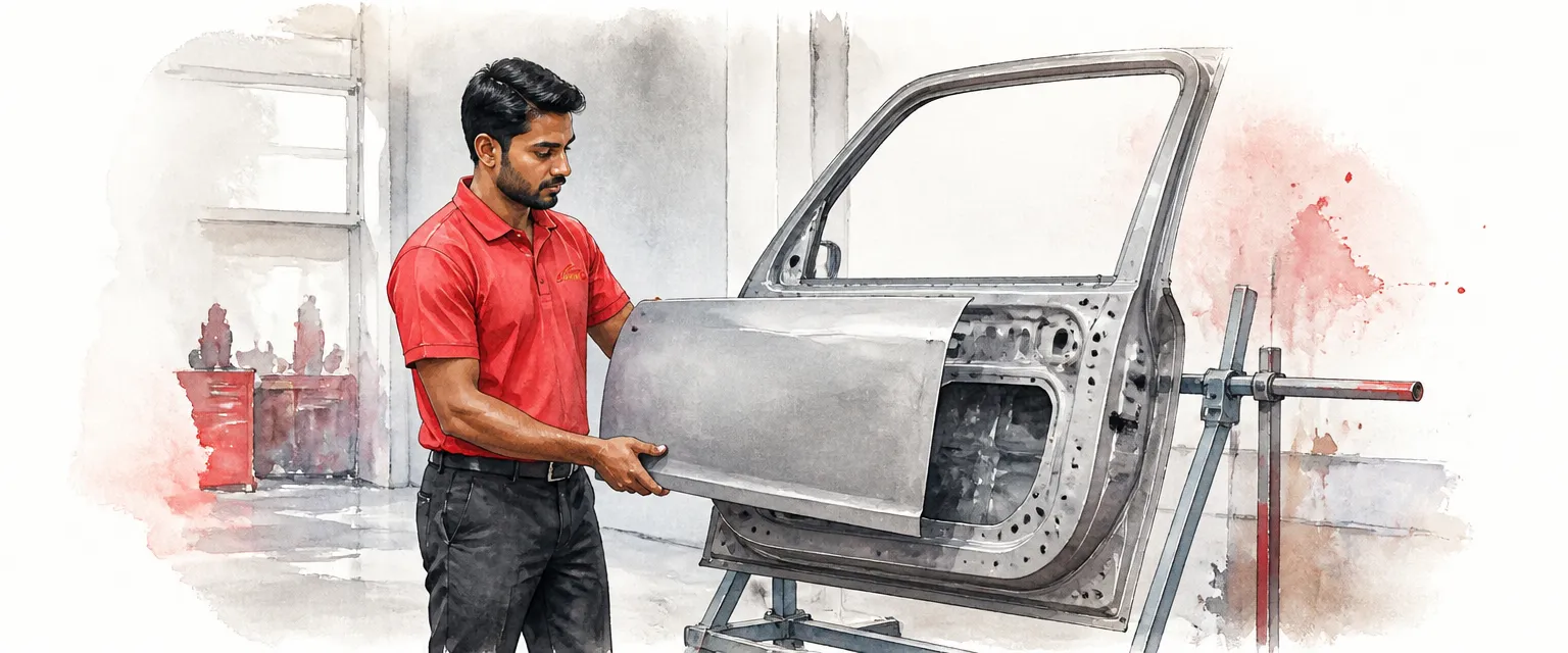 Watercolour illustration of a technician in a red polo shirt fitting a bare door skin to a stripped door shell.