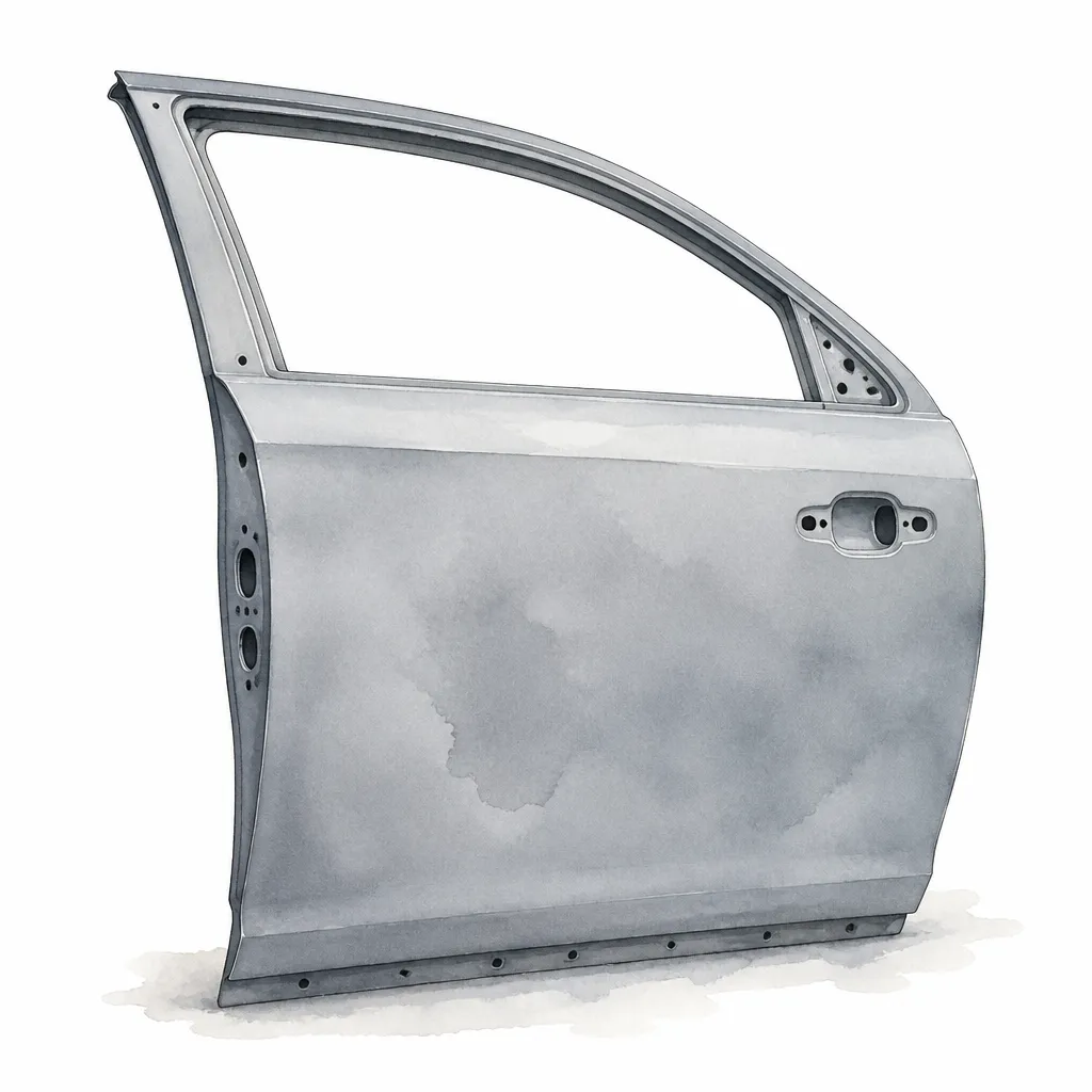 Watercolour close-up of a bare pressed-steel door skin in grey primer tone.