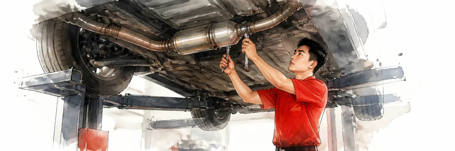 Watercolour illustration of a technician in a red polo shirt fitting a new filter into the exhaust line of a lifted car.