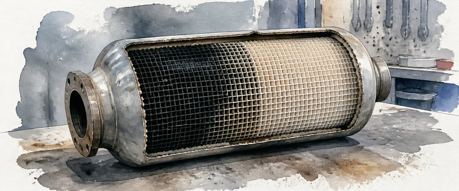 Watercolour illustration of a particulate filter cut open on a bench, its honeycomb core sooted at one end and clean at the other.