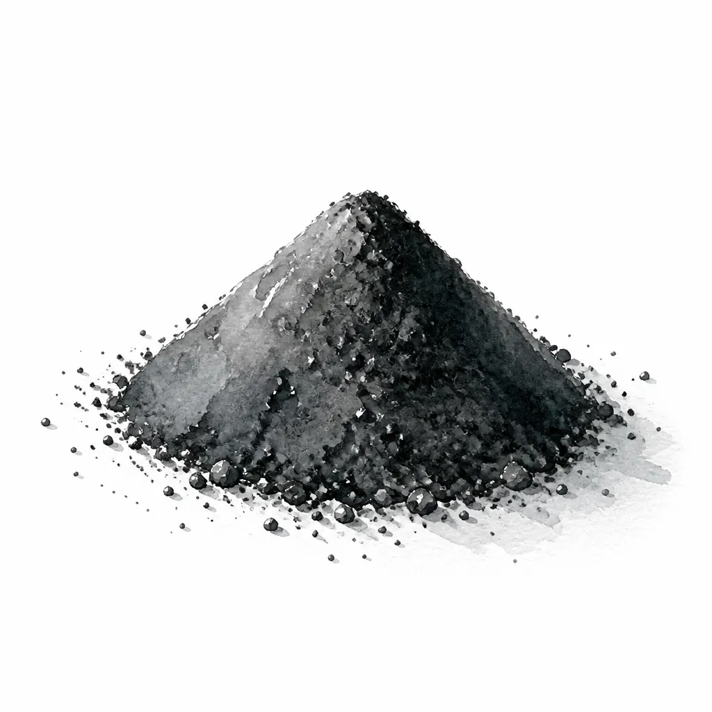 Watercolour close-up of a small cone of fine black soot powder.
