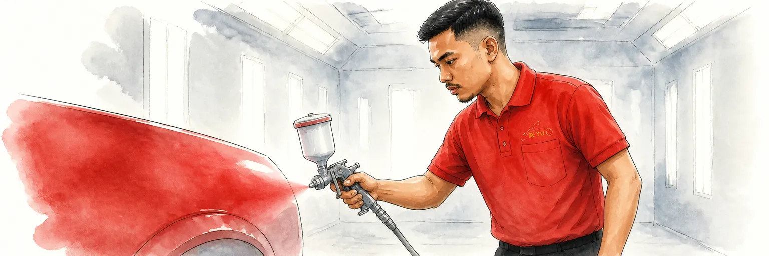 Watercolour illustration of a technician in a red polo shirt spraying a panel at a steady close distance so the paint flows out wet.