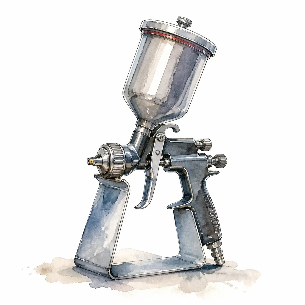 Watercolour close-up of a gravity-feed spray gun resting on a stand.