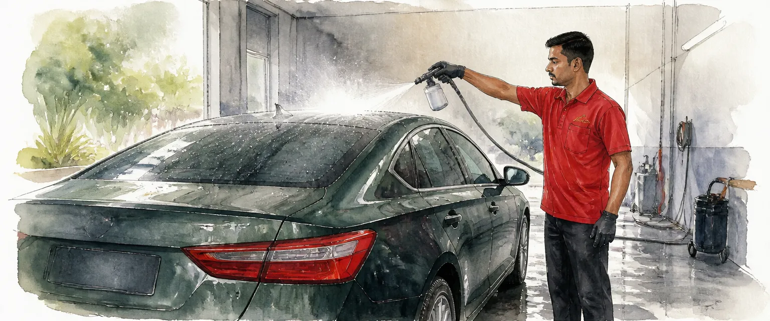 Watercolour illustration of a technician in a red polo shirt misting drying aid over the wet roof of a dark green saloon.