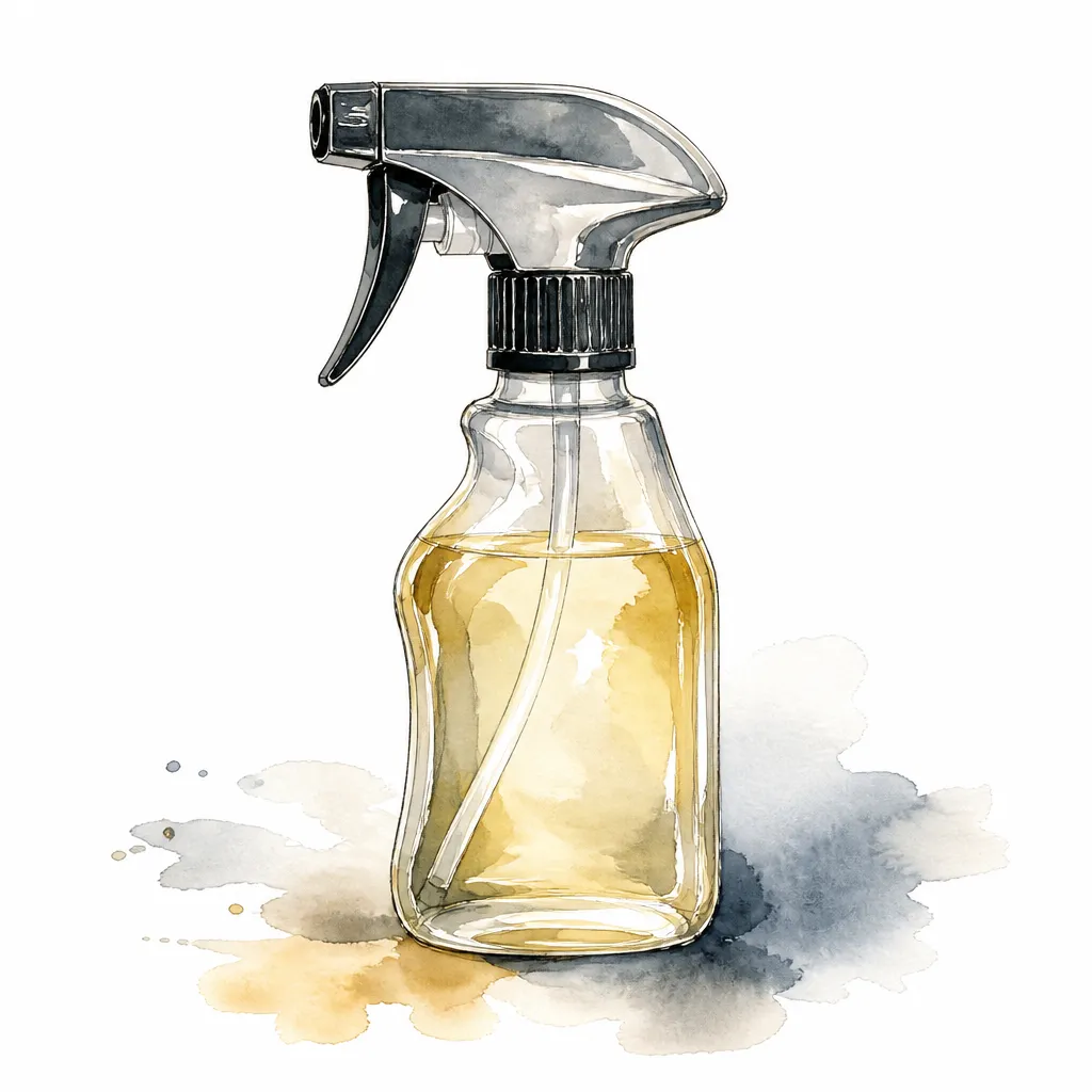 Watercolour close-up of a trigger spray bottle of pale gold drying aid.