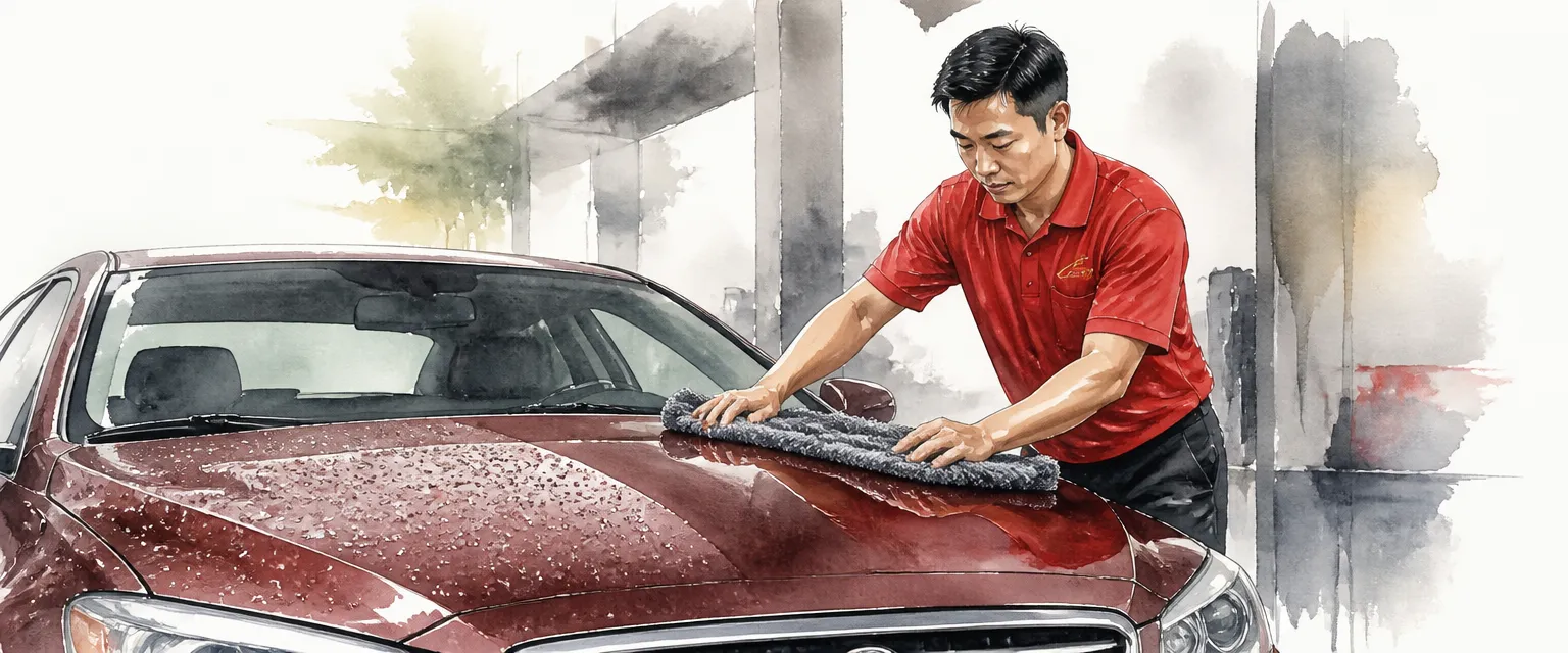 Watercolour illustration of a technician in a red polo shirt drying the beaded bonnet of a burgundy saloon with a plush towel.