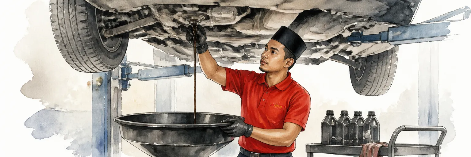 Watercolour illustration of a technician in a red polo shirt draining transmission fluid from a gearbox under a lifted car.