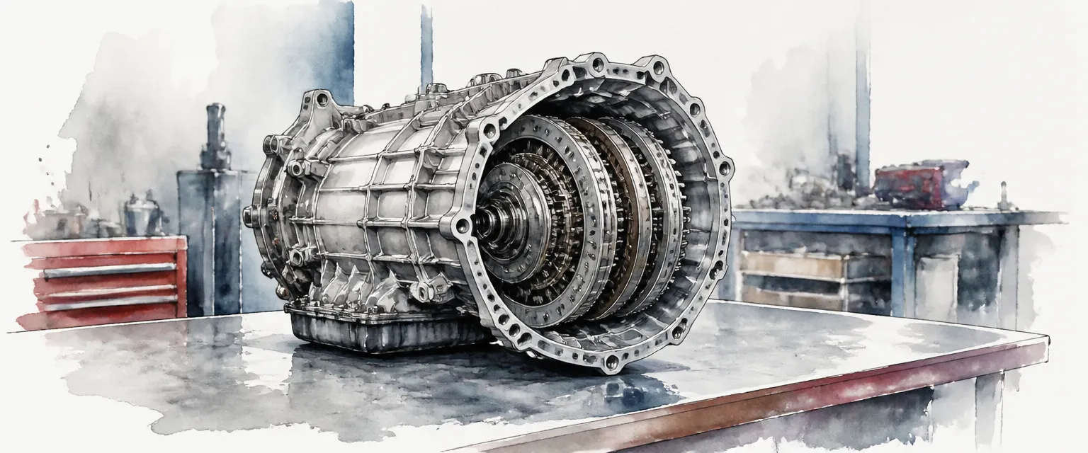 Watercolour illustration of a dual-clutch gearbox opened on a bench to show its twin clutch packs.