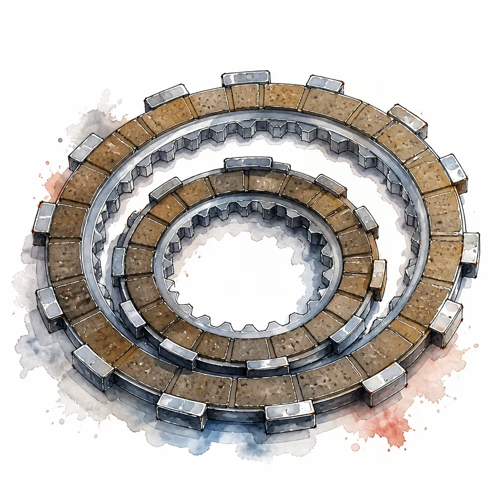 Watercolour close-up of nested concentric clutch packs.
