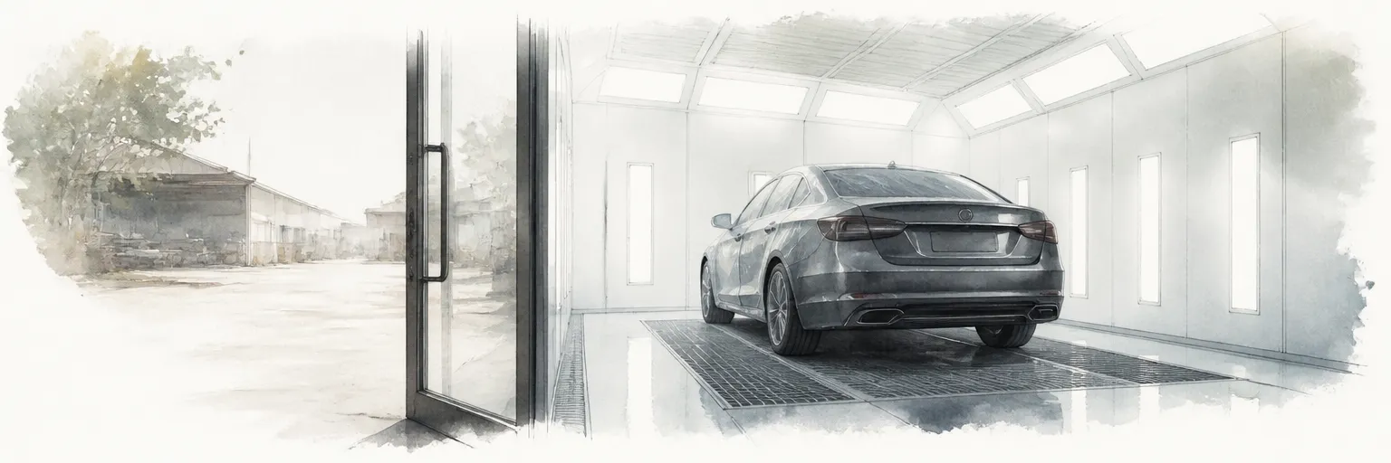 Watercolour illustration of a pristine booth interior looking out through glass at a hazy dusty yard.