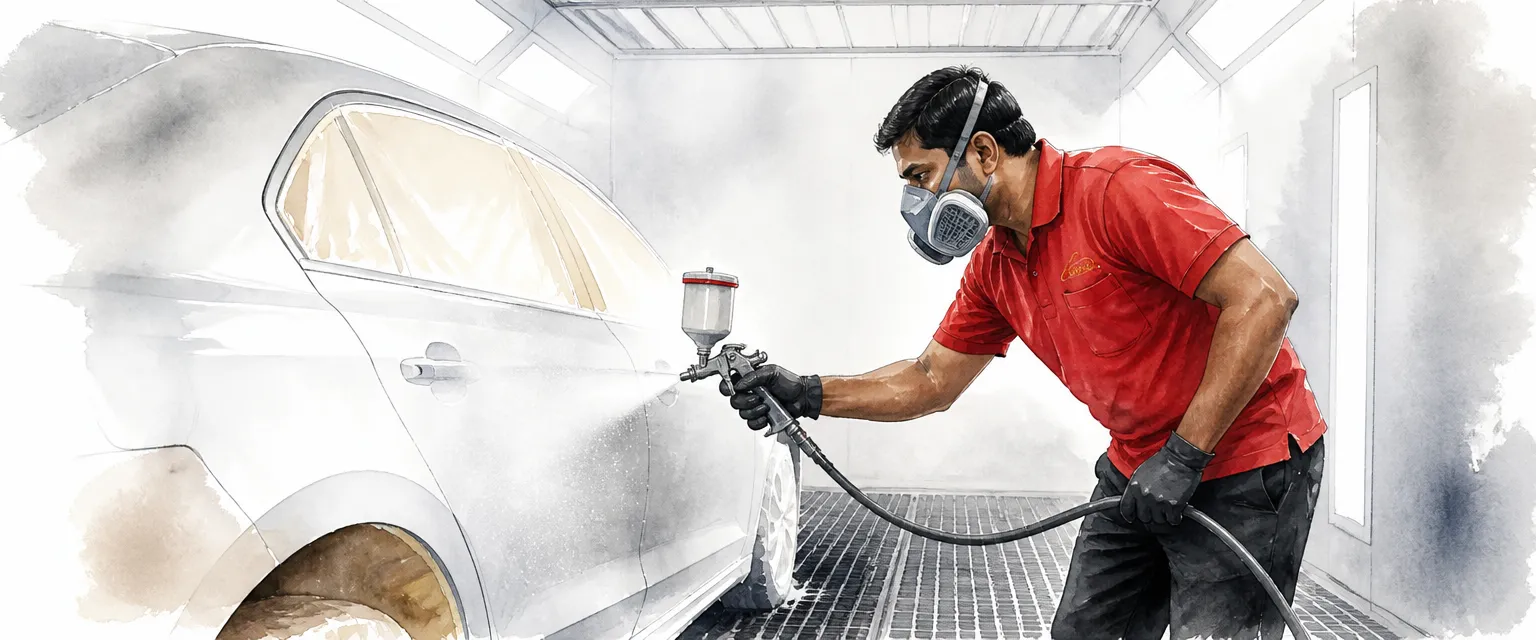 Watercolour illustration of a technician in a red polo shirt spraying a pearl white saloon inside a sealed booth.