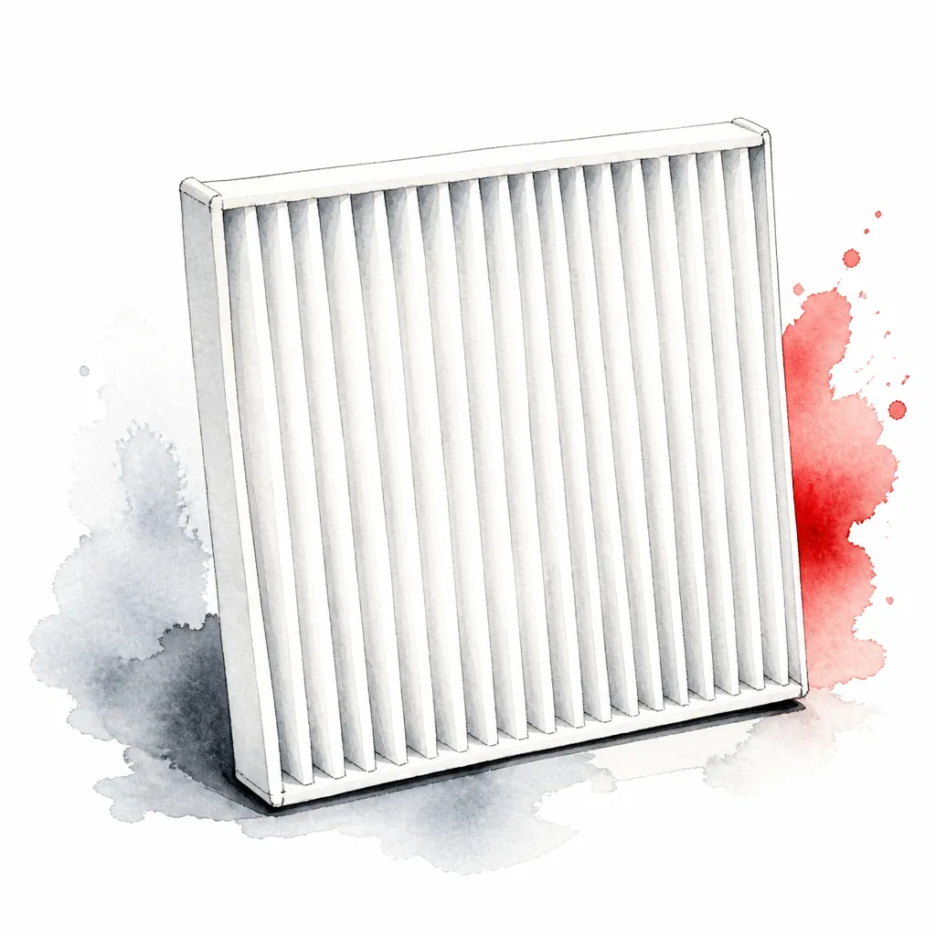 Watercolour close-up of a crisp pleated white booth air filter panel.
