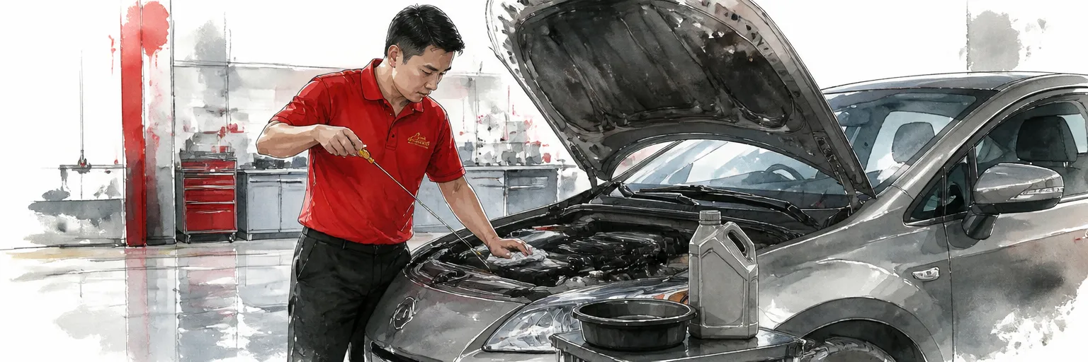 Watercolour illustration of a technician in a red polo shirt checking the oil dipstick of a grey hatchback.