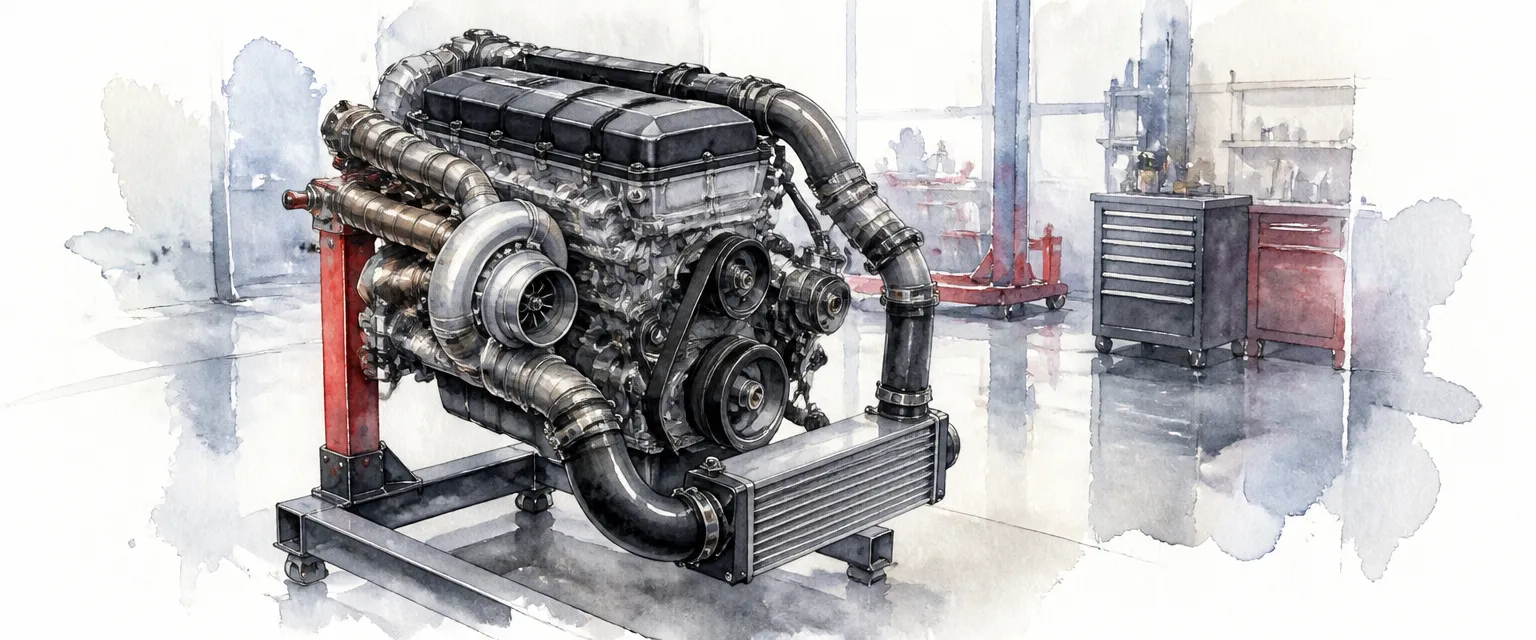 Watercolour illustration of a turbocharged four-cylinder engine on a workshop stand.
