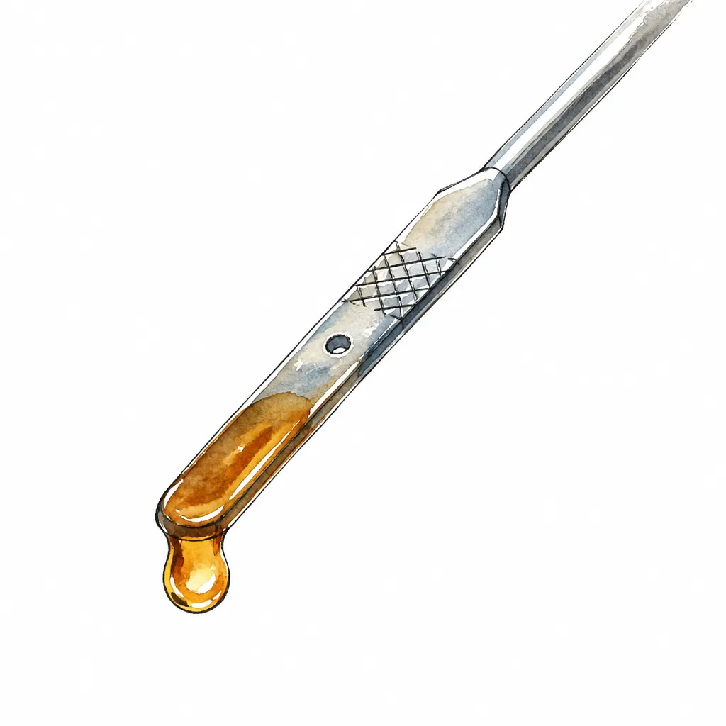 Watercolour close-up of an engine oil dipstick with a drop of amber oil at its tip.