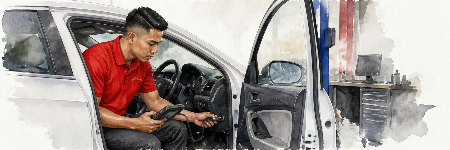 Watercolour illustration of a technician in a red polo shirt clipping a diagnostic lead to the connector under a steering column.
